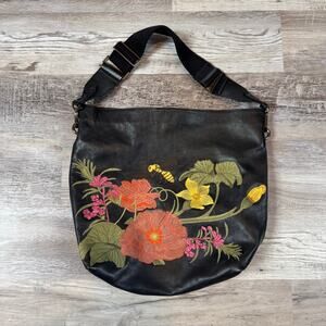 Velez Embroidered Leather Hobo Bag Black Floral Bee Shoulder Bag